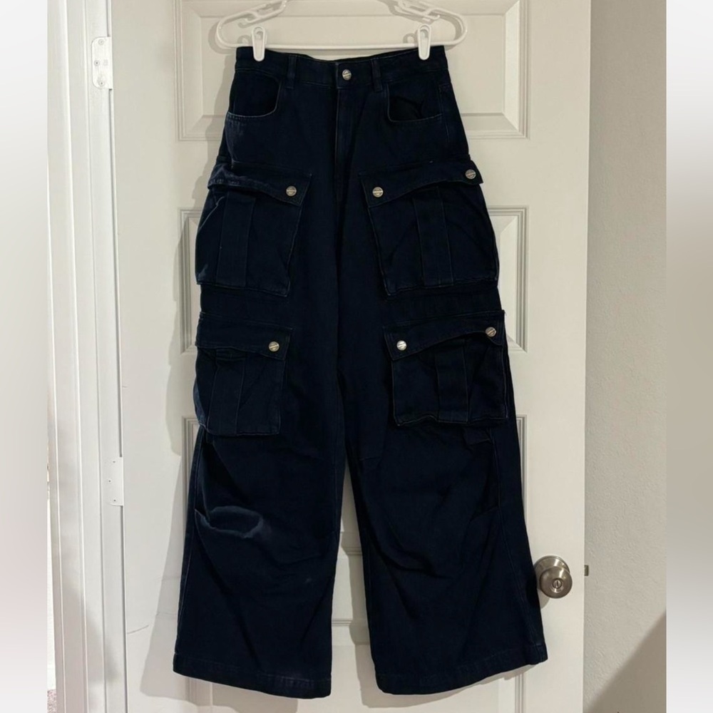 Zara mid rise dark wash cargo jeans